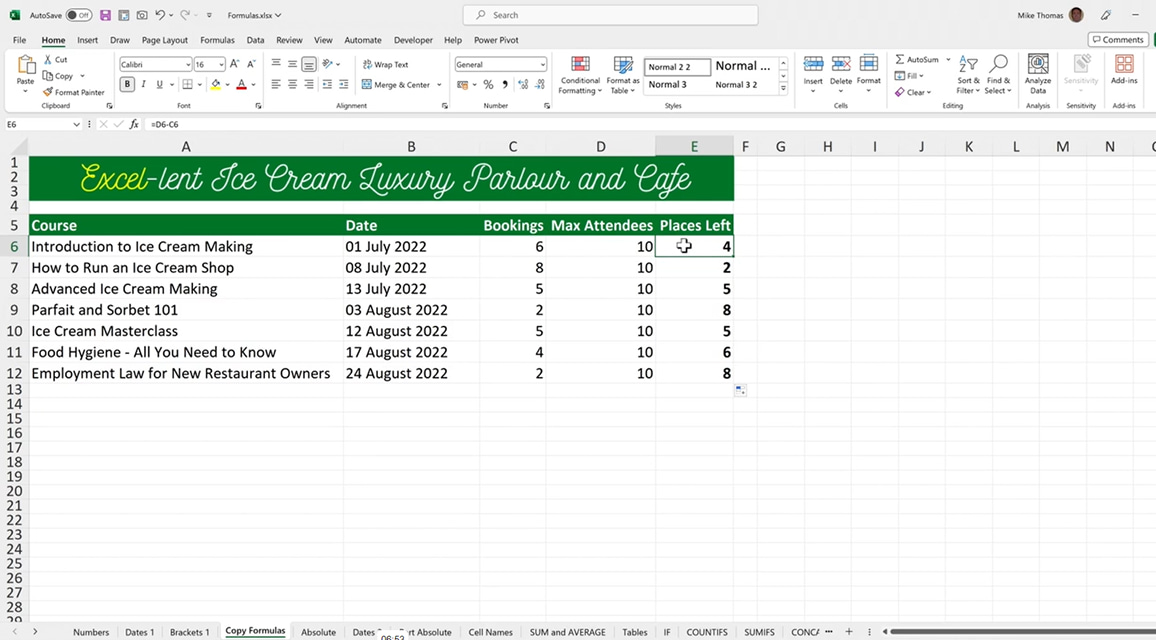 Excel formula example from tutorial video